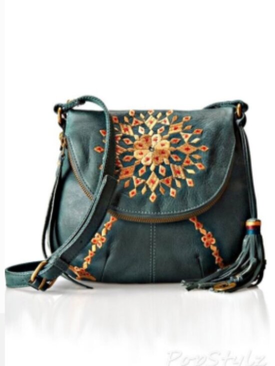 Lucky Brand Handbags - Lucky Brand Genuine Leather Embroidery Shoulder Bag Multiple Compartments Green